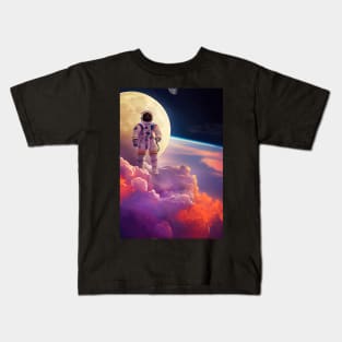 Astronaut flying in front of moon with red-purple clouds in space Kids T-Shirt